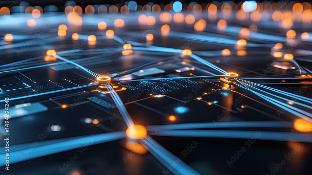 Poster intricate network of connections on a technological surface.