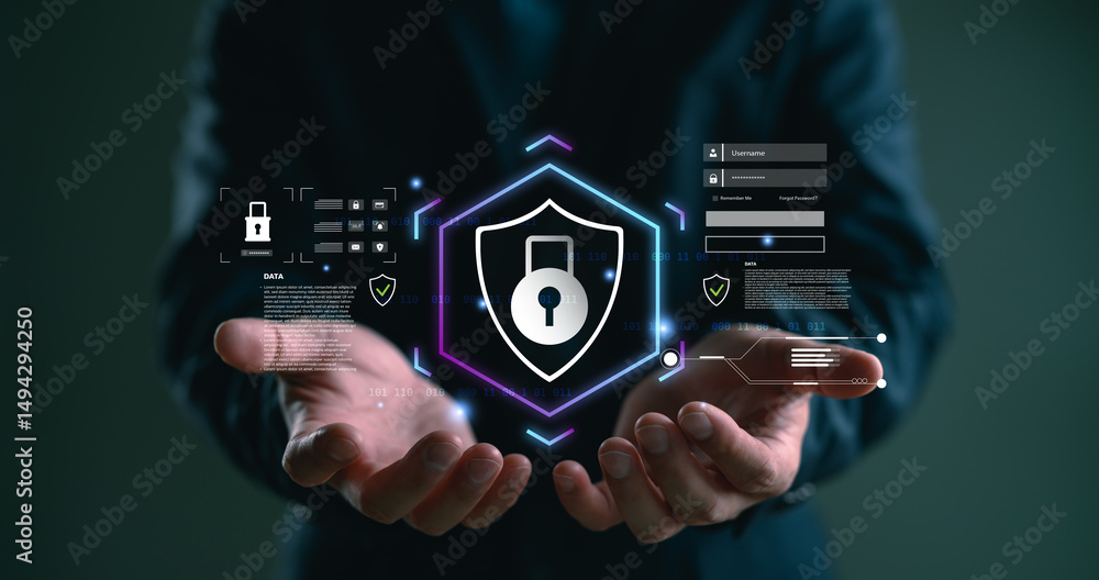 Fototapete cybersecurity and data protection concept. a businessman holds a digital shield with lock icon, logi