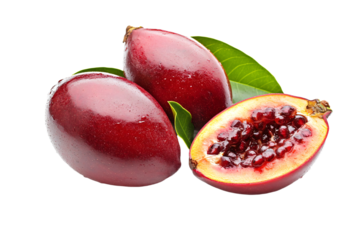 a couple of red fruits with leaves on a white surface