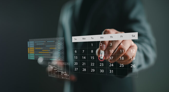 Digital scheduling and project planning concept. Businessman selects a calendar date with Gantt chart and timeline interface, representing task management, time tracking, and business organization.