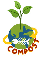 Compost Globe: Sprout, Fish Bones, Yellow Circle, Organic Waste, Green Earth, Ecology Icon.