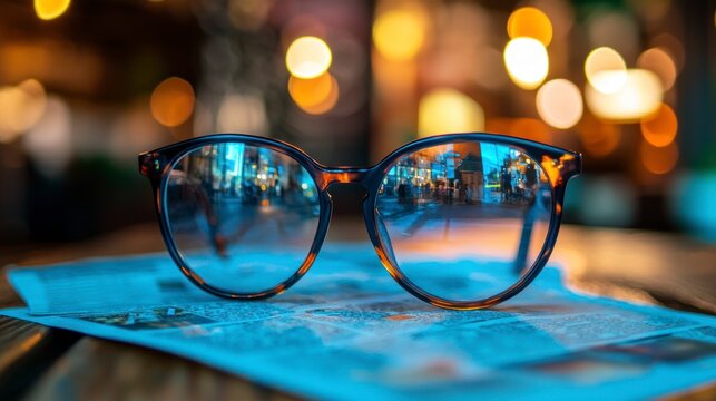 Stylish Sunglasses Reflecting City Lights and Newspaper Under Bright Bokeh Background in Modern Cafe