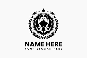 Minimalist black and white nurse icon with traditional cap and cross framed by laurel branches vector logo. Medical honor symbol  