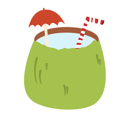 Coconut drink with red umbrella and striped straw, vibrant illustration on white.