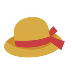 Tan Straw Hat with Red Ribbon, Simple Illustration.
