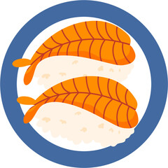 Two shrimp nigiri sushi pieces on a blue-rimmed plate, flat vector illustration.