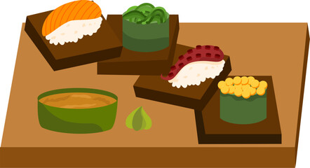 Assorted Nigiri Sushi on Wooden Platforms, Side of Sauce and Wasabi.