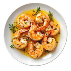 Shrimp scampi on white plate with herbs