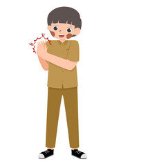 Cartoon Figure in Uniform Clapping, Positive Energy, Smiling with Joyful Expression.