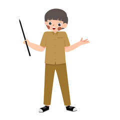 Cartoon figure, teacher, pointer, uniform, presentation.