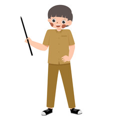 Cartoon Teacher with Pointer, Brown Uniform, Cheerful Expression.