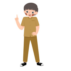 Cartoon Figure in Uniform: Upward Point, Brown Outfit, Smiling Character.