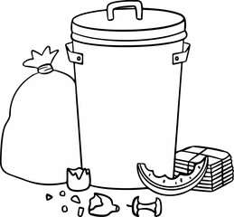 Linework Illustration: Full Trash Can with Bag, Watermelon Rind, and Paper Stack.