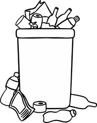 Overflowing Recycling Bin Outline: Bottles, Cans, and Plastic Waste.