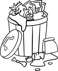 Overflowing Rubbish Bin, Outline Illustration, Litter and Waste.