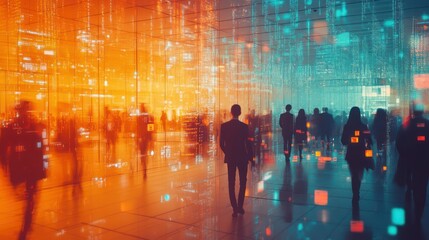 Conceptual depiction of people immersed in a dynamic technological landscape