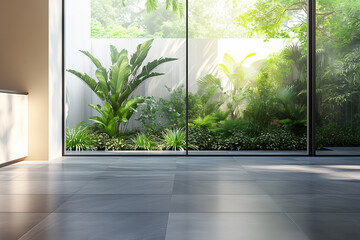 Fototapeta premium The window view frames a morning garden view with trees and a little water.