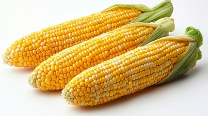 Realistic photography of fresh corn cobs on a white background, perfect for market analysis and food-related projects