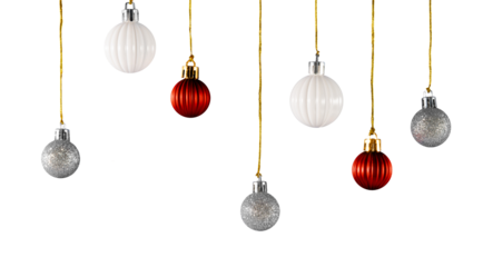 hanging Christmas baubles on a white background