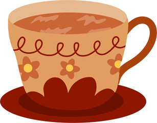 Floral Tea Cup: Earth Tones, Curled Swirls, Warm Drink, Vector Illustration