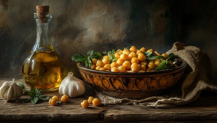 Roasted chickpeas with olive oil, and garlic.