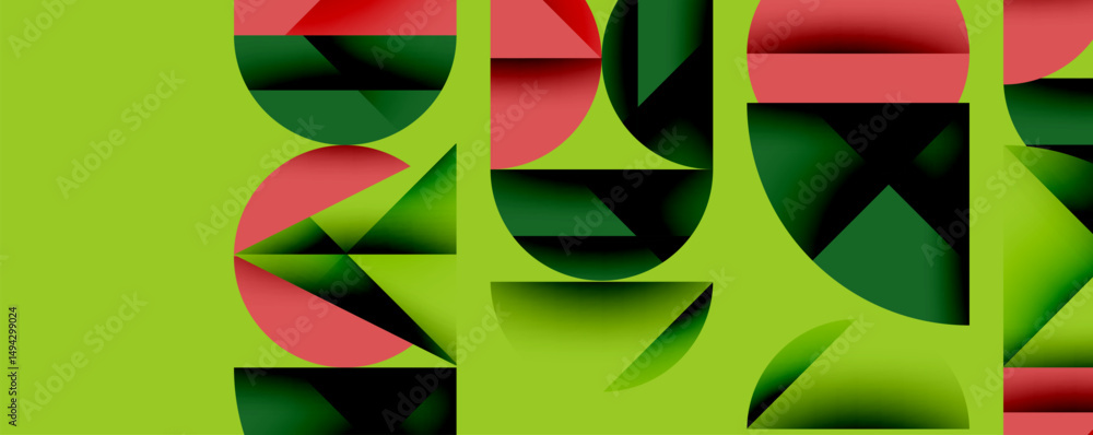 Poster Abstract geometric composition. Green background contrasts with red, dark green shapes. Modern design, overlapping forms create visual interest.