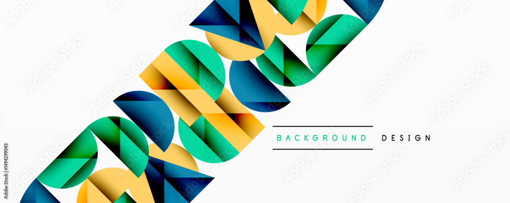 Poster Abstract geometric shapes overlap, creating dynamic visual flow. Colors include blue, green, yellow, white. Modern design element.