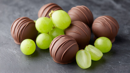 Bunch of juicy green grapes with smooth flowing chocolate truffles