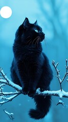 Obraz premium Black cat on snowy branch at night
