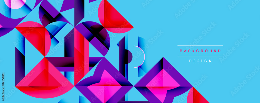 Poster Abstract geometric shapes, vibrant colors, blue backdrop. Modern design elements create dynamic visual texture.