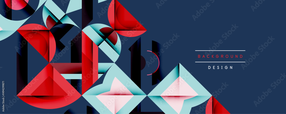 Poster abstract geometric shapes overlap, creating dynamic composition. blue, red, pink hues dominate desig