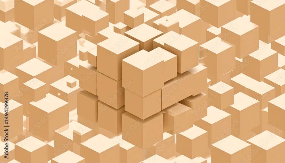 Poster abstract 3d rendering of beige cubes forming a central cluster amidst a field of smaller cubes