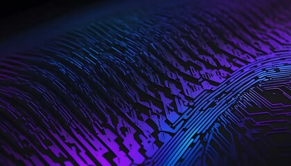 Futuristic digital landscape of a microchip with flowing neon blue and purple light illuminating complex electronic pathways