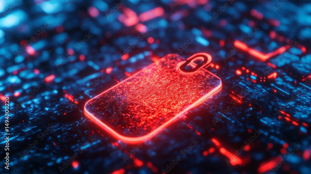 Poster glowing red tag on complex digital background with polymer texture
