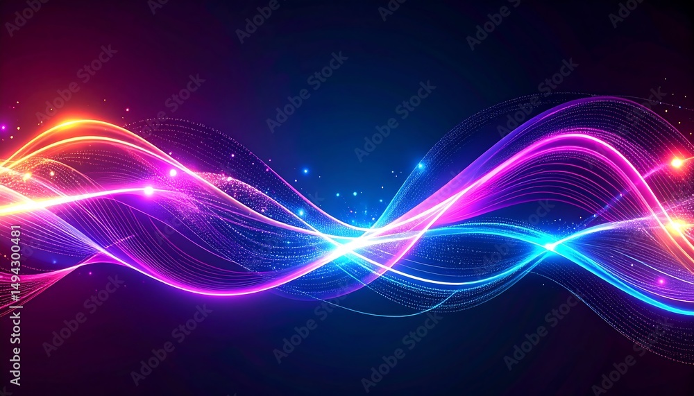 Poster abstract colorful neon waves with dark background.