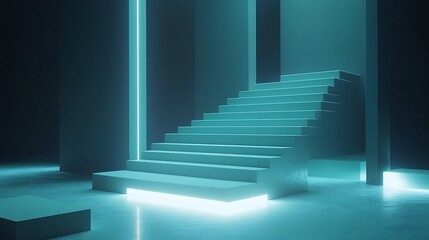 Obraz premium Abstract teal neon staircase