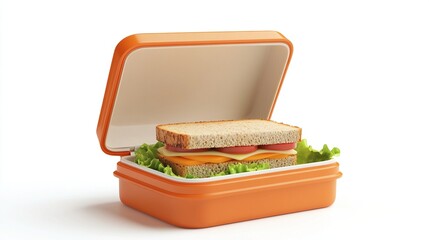 Open orange lunchbox with a sandwich inside