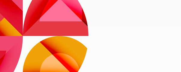 Abstract geometric shapes, vibrant pinks, oranges dominate composition. Clean design, modern aesthetic, minimalist style.