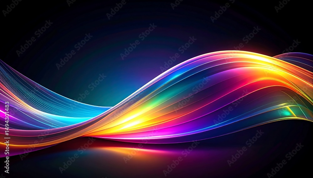 Poster abstract colorful wavy lines on black.