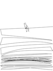 Continuous one line drawing of a bird on a wire with abstract layered background, ideal for minimalist designs, posters, and creative visual concepts. Vector Editable stroke