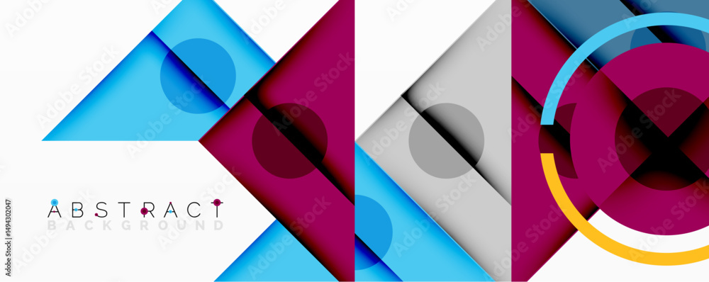 Poster geometric shapes overlap, creating vibrant abstract composition. colors include blue, purple, gray, 