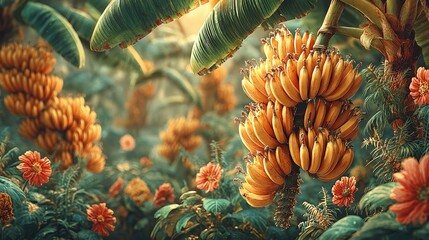 Obraz premium Another captivating close-up tracking shot of bananas hanging from a tree showcasing their vibrant yellow color and healthy growth amidst lush foliage under bright sunlight in nature