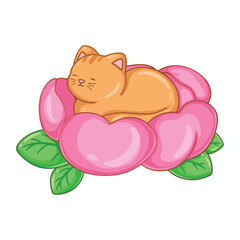 illustration art cute cat lying on the top of pink flower sticker design