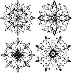 Obraz premium Collection of Four Elegant Floral Mandala Designs in Black and White for Coloring Pages