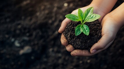 Close up of hands holding a small green plant seedling with dirt.  Concept of growth, hope, and new life.
