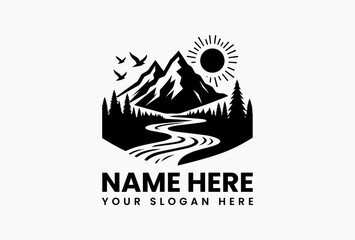 Monochrome SVG mountain range vector logo with radiant sun, flying birds, flowing river and pine forest. Wilderness landscape emblem  