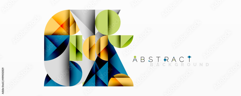 Poster Geometric shapes overlap, creating vibrant abstract composition. Colors include blue, yellow, green, orange. Modern design element.