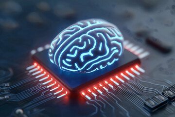 A glowing digital brain sits atop a microchip, symbolizing artificial intelligence and advanced computing technology.