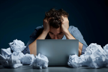 A man sits at a laptop, frustrated, surrounded by crumpled papers, suggesting stress or creative block.
