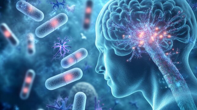 Human Brain with Neural Activity and Memantine Tablets Illustration